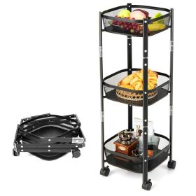 3-Tier Folding Metal Storage Rack Rolling Utility Cart (Color: Black B)