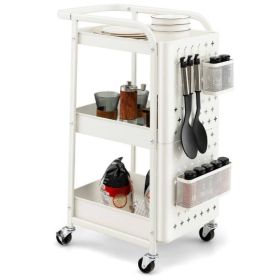 Multifunction 3-Tier Utility Storage Cart Metal Rolling Trolley W/ DIY Pegboard Baskets (Color: White)